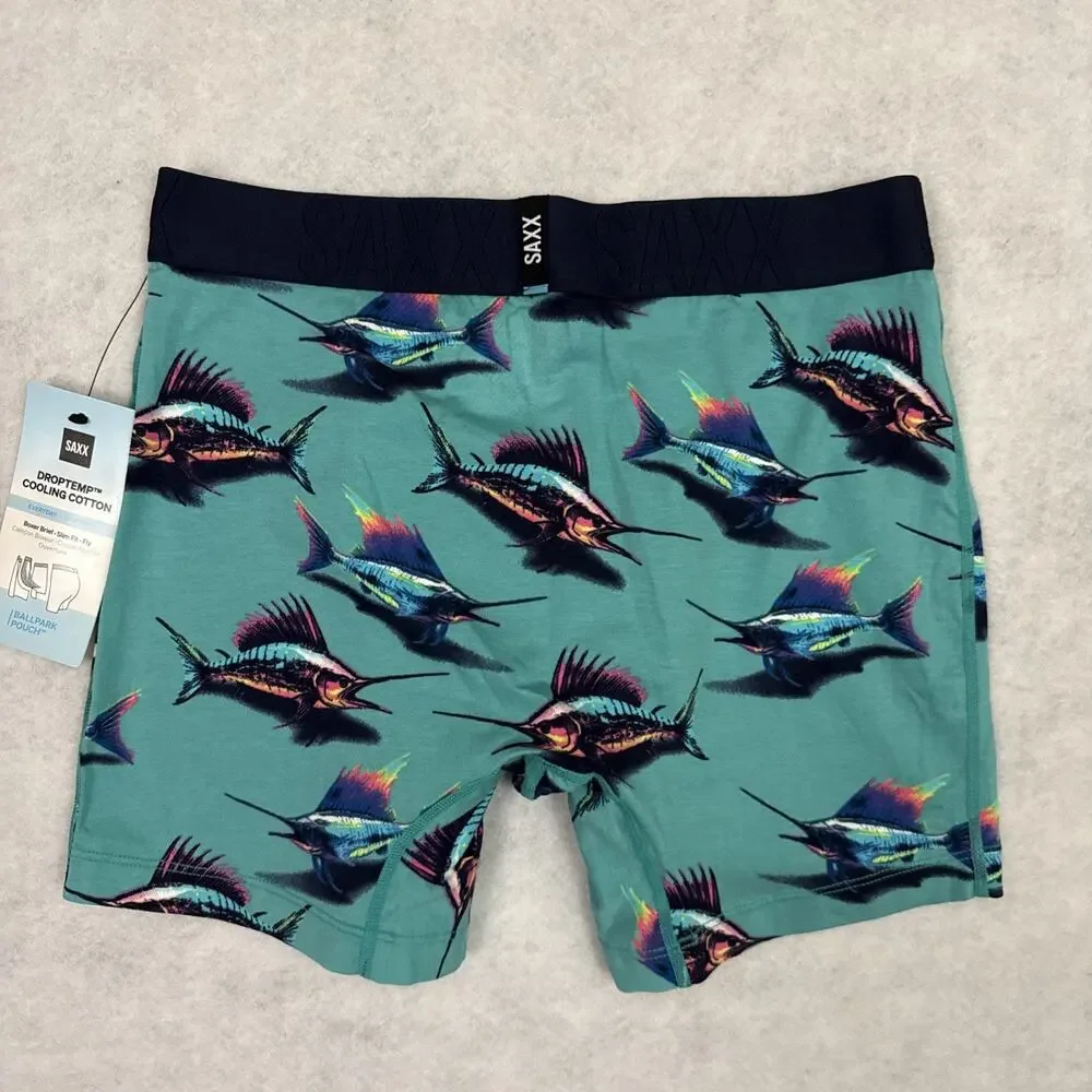 Saxx DropTemp Boxer Briefs Men Small Teal Fish Print Ballpark Pouch NWT
